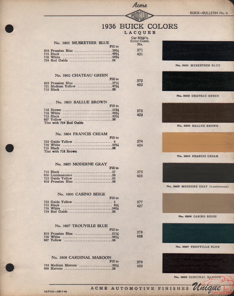 1936 Buick Paint Charts Acme 1